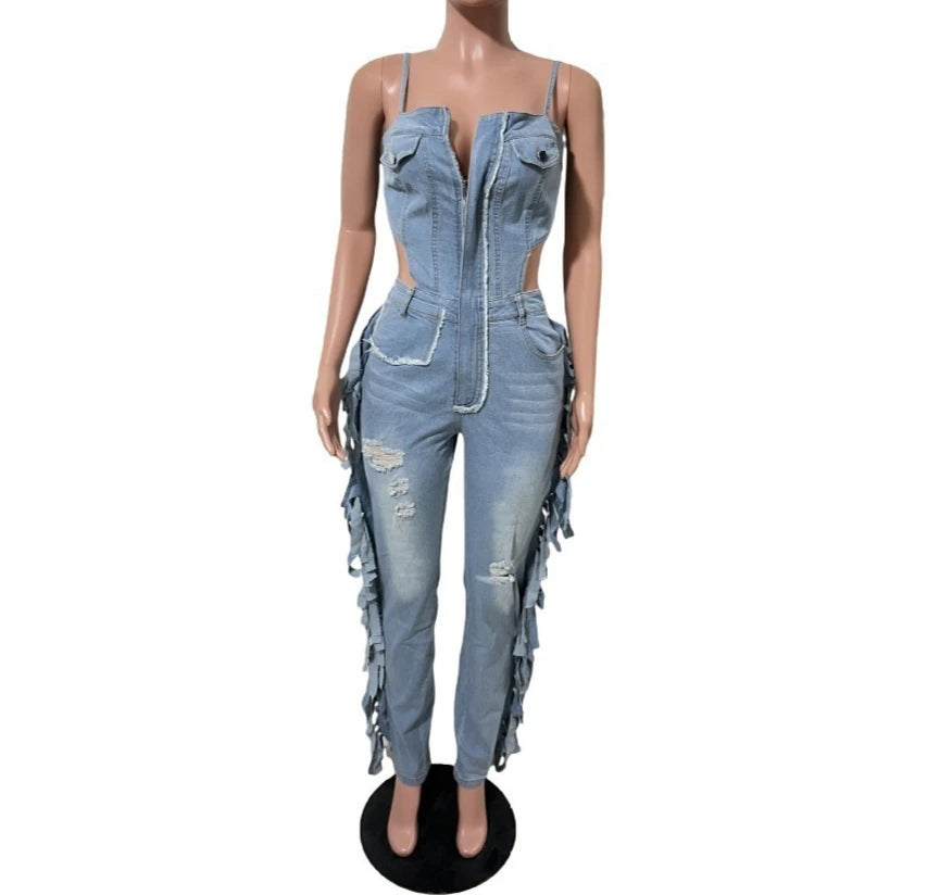 FAGADOER Fashion Fringed Bodycon Denim Jumpsuits Women Sexy Spaghetti Strap Hollow Out Zipper Pocket Patchwork Romper Streetwear
