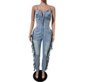 FAGADOER Fashion Fringed Bodycon Denim Jumpsuits Women Sexy Spaghetti Strap Hollow Out Zipper Pocket Patchwork Romper Streetwear