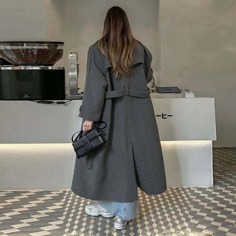 Chic Lace Up Woolen Long Trench Coat Women Gray Double Breasted Lapel Full Sleeve Pocket Coats 2026 Autumn Winter Lady Outwear