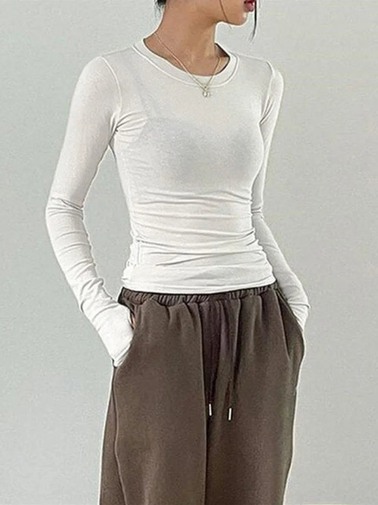 Women Casual Slim Fit Long Sleeve O-Neck T-shirts Tops Spring Fall Solid Color Tees with Thumb Holes Streetwear