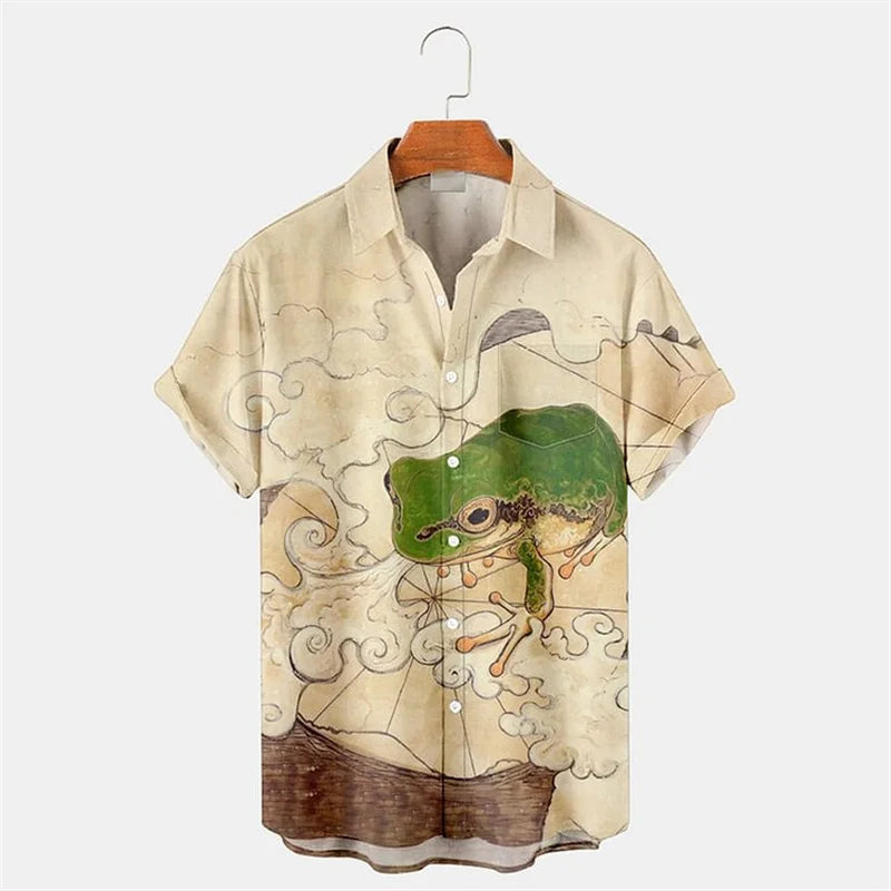 Hawaiian Summer 3D Cat Printed Men's Linen Shirt Casual Short Sleeve Shirt Loose, Vintage, Funny Men's Costume