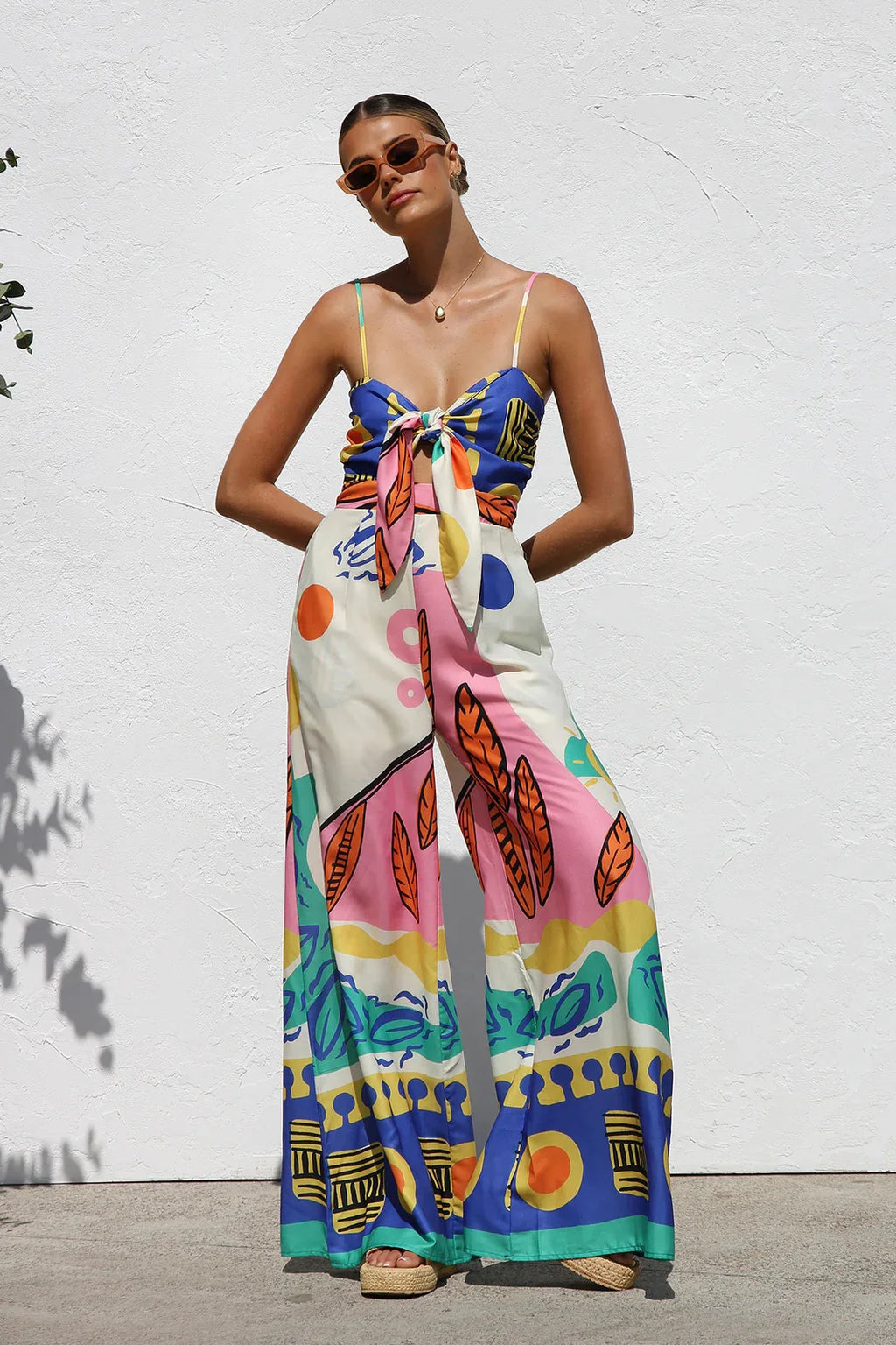 Spring Summer Print Spaghetti Strap Jumpsuits Women Fashion Sexy Hollow Out Leace-up High Waist Wide Legs Jumpsuit Bohemian New