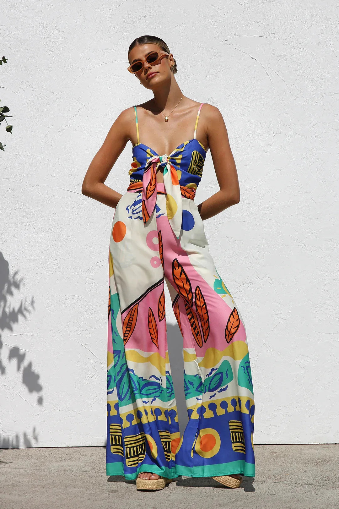 Spring Summer Print Spaghetti Strap Jumpsuits Women Fashion Sexy Hollow Out Leace-up High Waist Wide Legs Jumpsuit Bohemian New