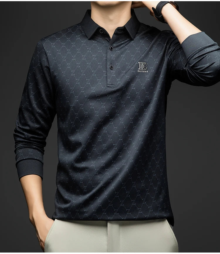 BROWON 2026 Spring Autumn Elegant Polo Shirts for Men Long Sleeve Lapel Color Printed Soft Comfortable Males Tops and Tees