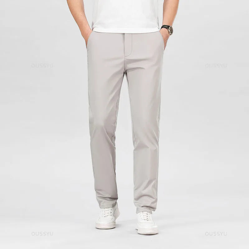 High Quality 97% Cotton Men's Straight Pants Business Solid Color Khaki Light gray Casual Formal Suit Trousers Plus Size 40 42