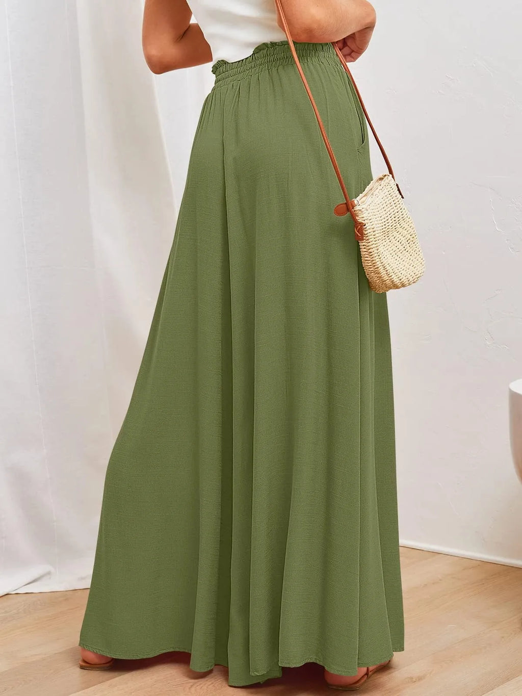 Women's Elastic Long Palazzo Pants Casual Urban Style Tie Detail Polyester Blend Woman Clothes Female Clothing Women's And