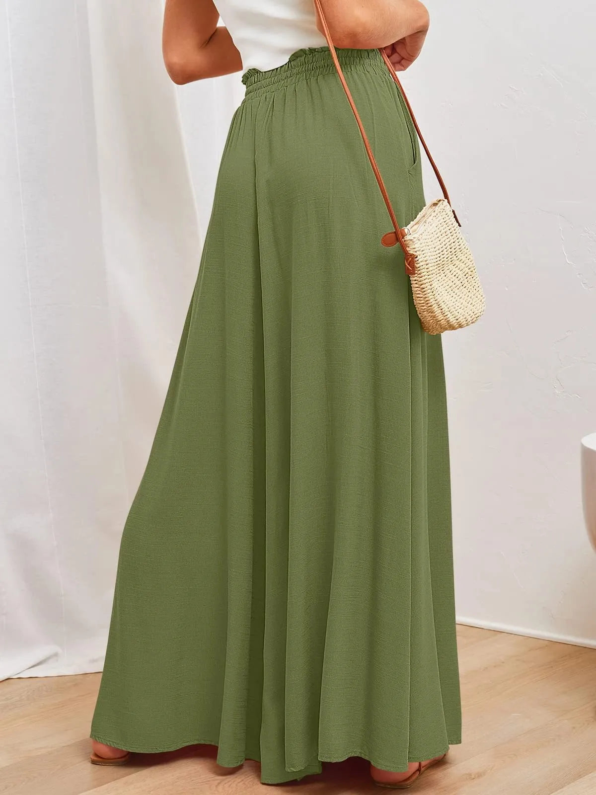 Women's Elastic Long Palazzo Pants Casual Urban Style Tie Detail Polyester Blend Woman Clothes Female Clothing Women's And