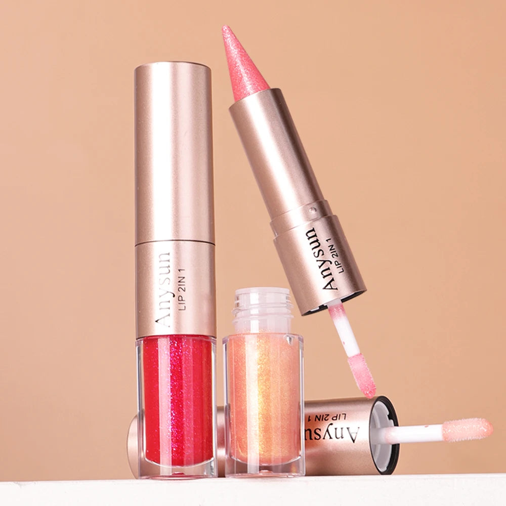 Double Head 2-in-1 Lip liner+Lip Gloss Waterproof and Durable Fine Shiny Mirror Gloss