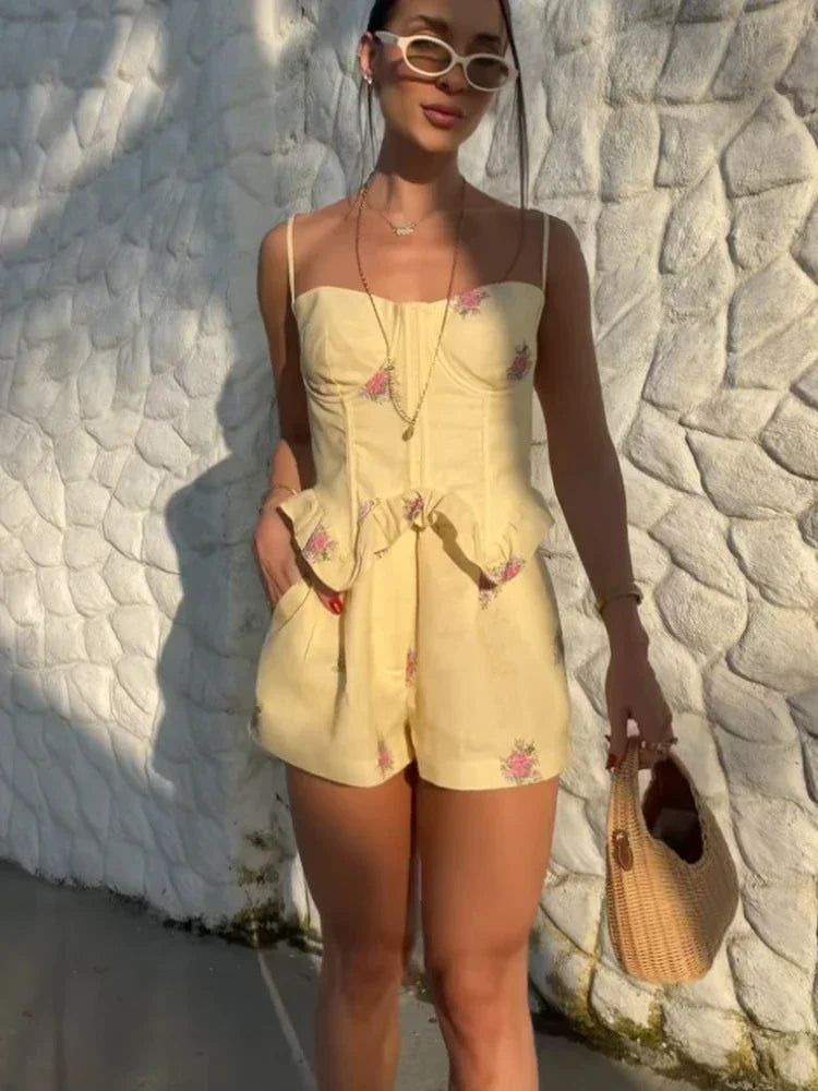 Fashion Print Spaghetti Strap Top Shorts Set Women Sleeveless Ruffled Hem Cropped Fishbone Corset Suit 2026 Lady Vacation Outfit