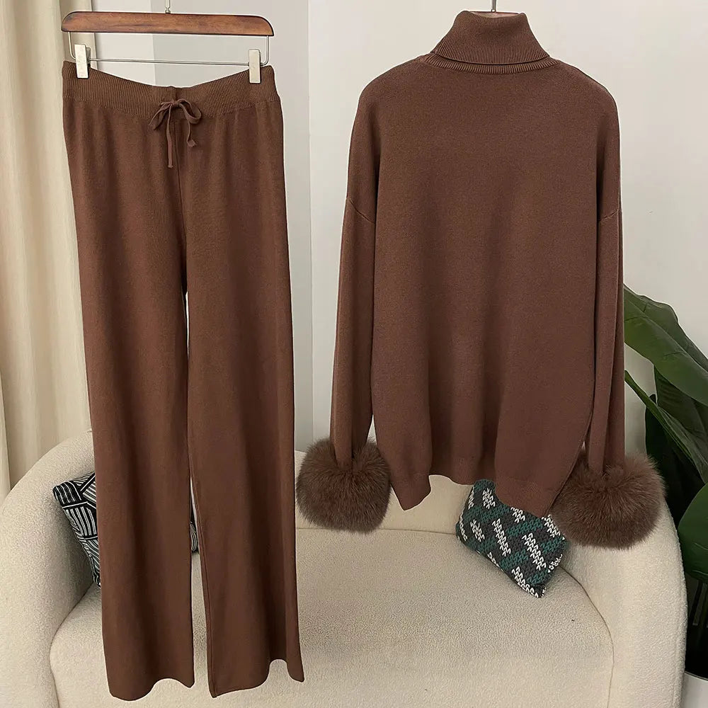 2024 New Fashion Autumn Winter Natural Real Fox Fur Cuffs Coat Knitted Sweater Women Long Pants Set Jacket Thick Warm