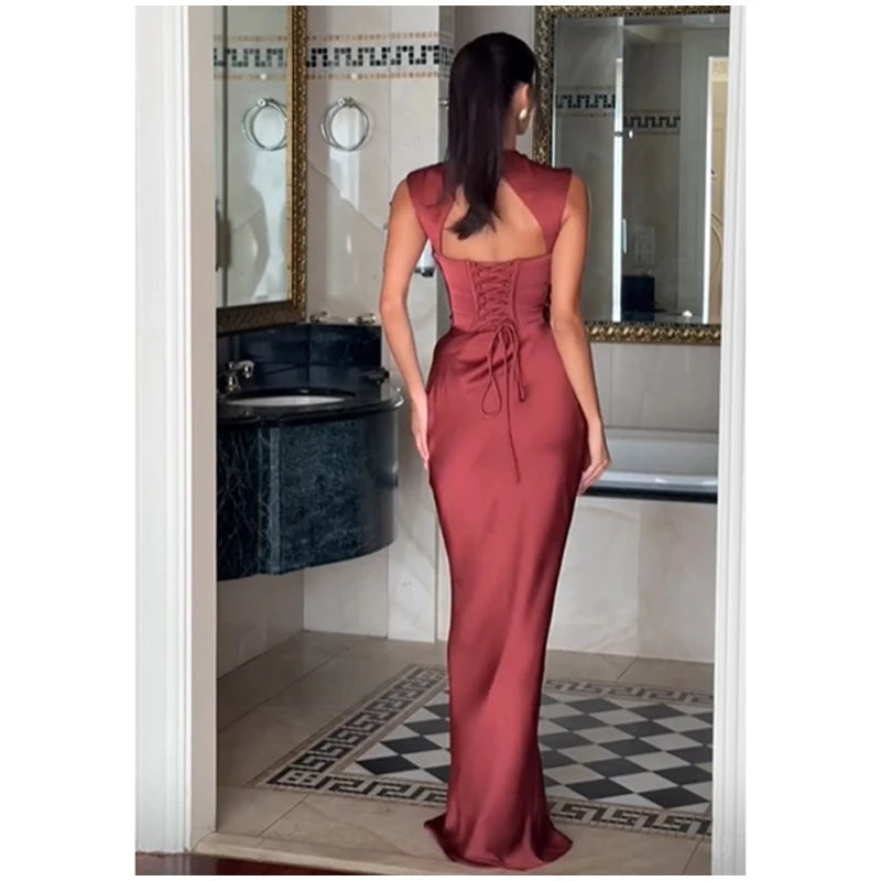 Women Fashion Solid Pleated Halter Dress Waist-cinching Sleeveless Backless Split Maxi Dresses 2026 Sexy Summer Lady Party Gowns