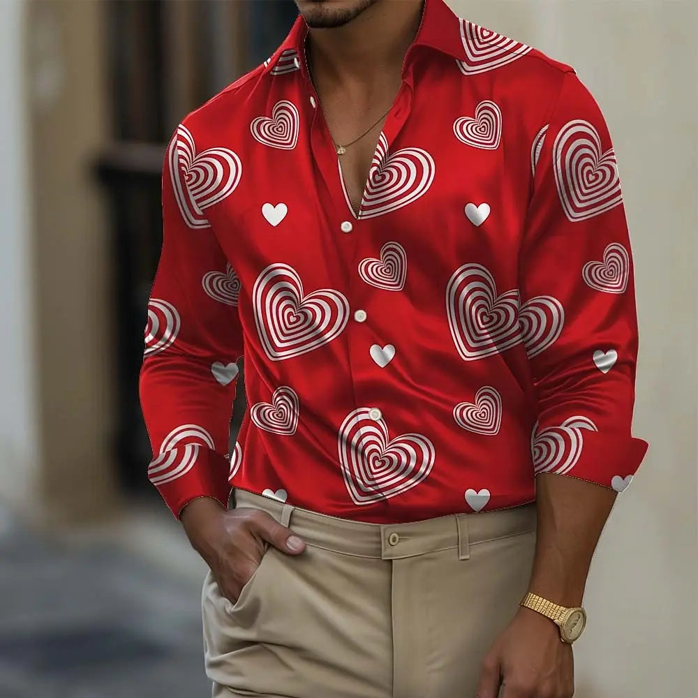 Men's Romantic Gift Heart-shaped Shirt Long Sleeve Fashion Casual Summer Spring Fall Turndown 3D Print Button Up Shirts