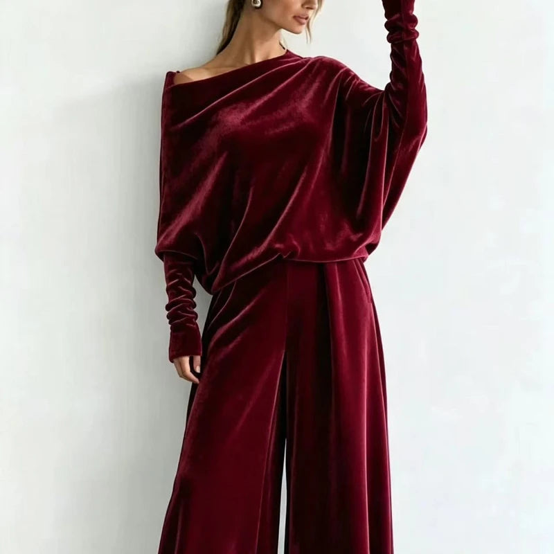 Women's Suit Two Piece Pants Set One Shoulder Batwing Sleeve Velvet Wide Leg Trousers Loose Fit Autumn Winter Tracksuit