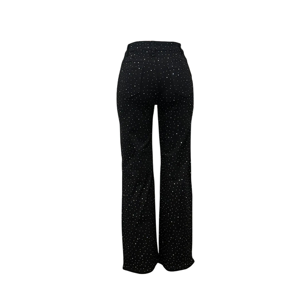 Women's Outfit Featuring Diamond-studded Washed Denim Pants Women's High-waisted Straight-leg Pants, and "hot Girl" Style Pants.