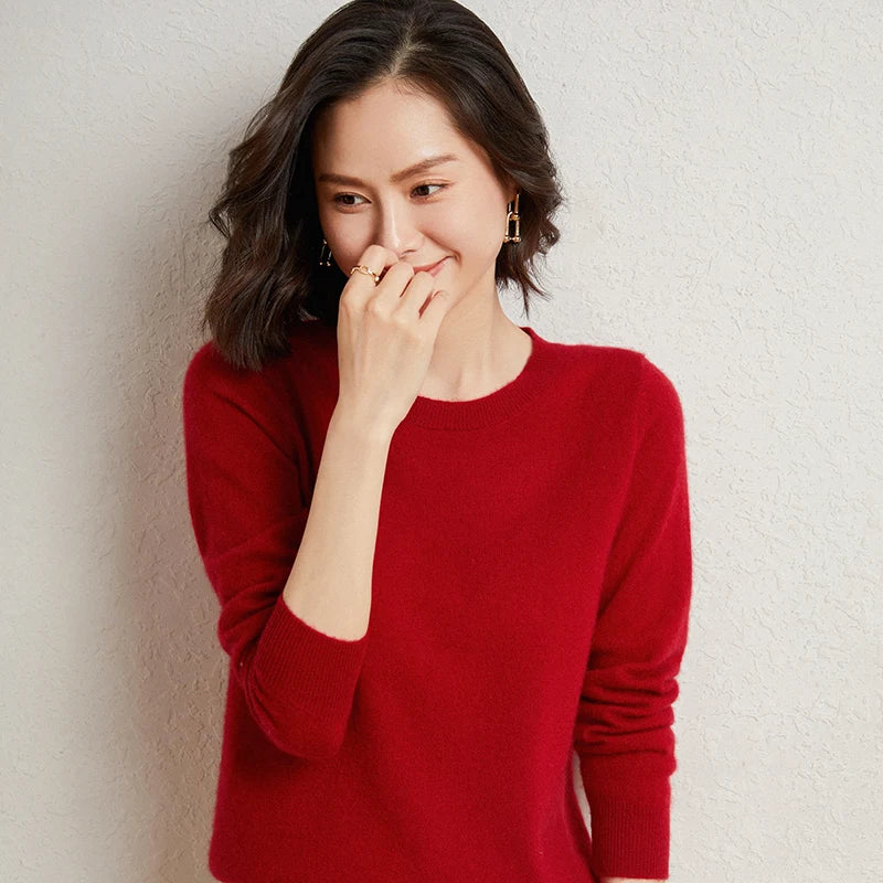 100%Merino Pure Wool Pullover Sweater For AutumnWinter Women's Round Neck Warm High-Quality Solid Color Basic Knitted Jumper Top