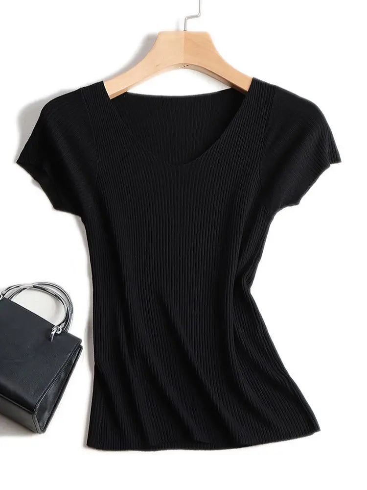 Pullover knitted Short Sleeve knitted Sweater Women Spring Summer Slim Basic Solid Casual Base Female knitting shirts 2024 Korea
