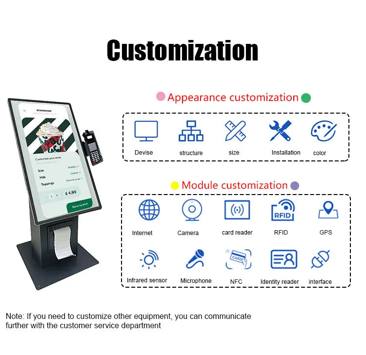 Desktop vertical 15.6 21.5 touchscreen POS end point self checkout kiosk with printer QR code scanner