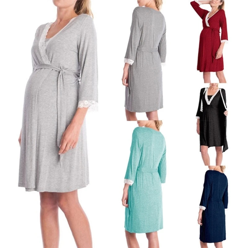 R66D Cotton Maternity Robe with Adjustable Belt Pajama Dress Pregnancy Clothes