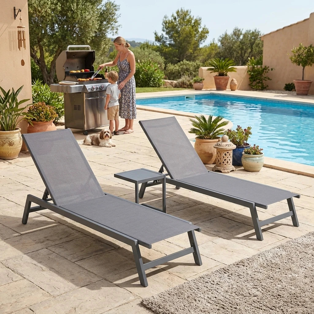 3PCS Aluminum Teslin Sun Lounger Set With Side Table Adjustable Backrest Outdoor Chaise Lounge Pool Garden Beach Hotel Sunbed