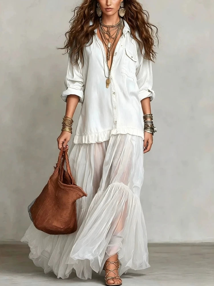 Women's Denim Maxi Dress Mesh Splice Long Sleeve Turn Down Collar Single-breasted Belted Organza Hem Casual Elegant Shirt Dress