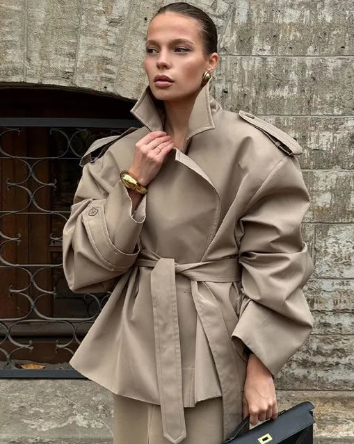 Women Green Oversized Belt Overcoat Elegant Long Sleeve Pleated Lapel Lace Up Windbreaker Autumn Lady Daily Street Outerwears