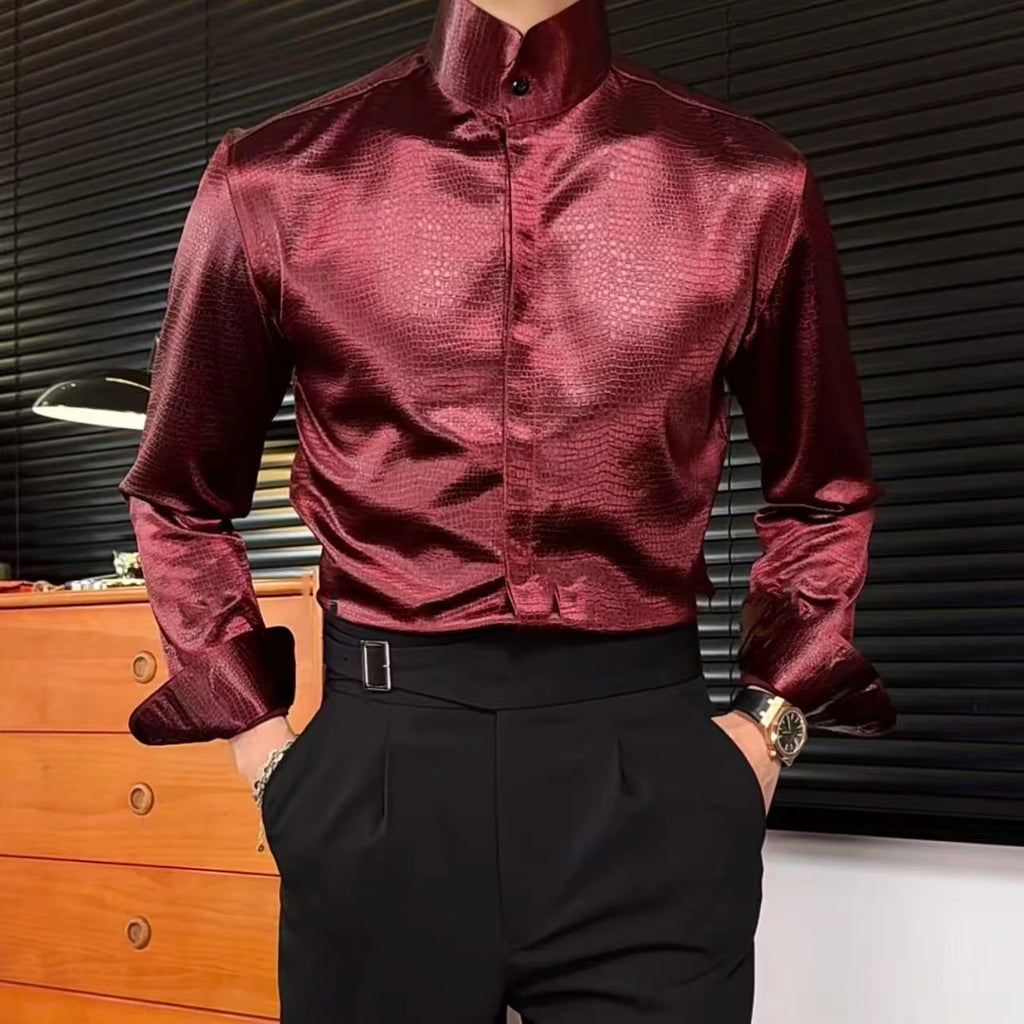 Stand Collar Men Shirt Office Long Sleeve Shirt Streetwear Leopard Print Shirt Social Business Shirt Men Camisa Social Masculina