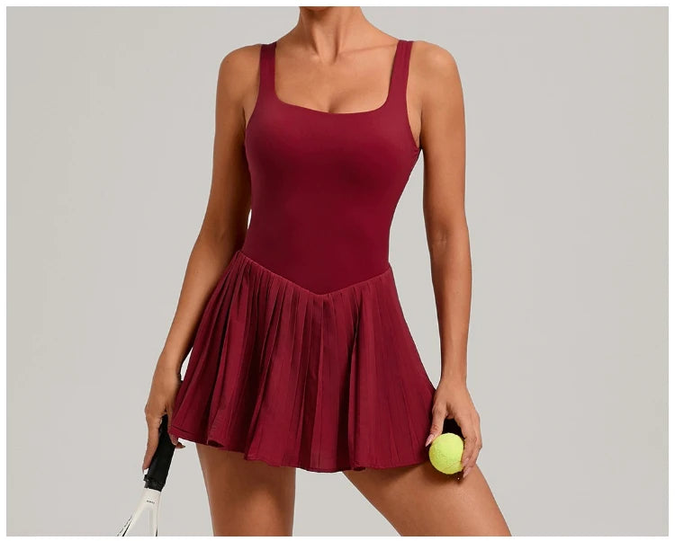 VITALINOVO Workout Tennis Dress with Built in Shorts Square Neck Padded Workout Dress with Pockets Golf Athletic Mini Dresses
