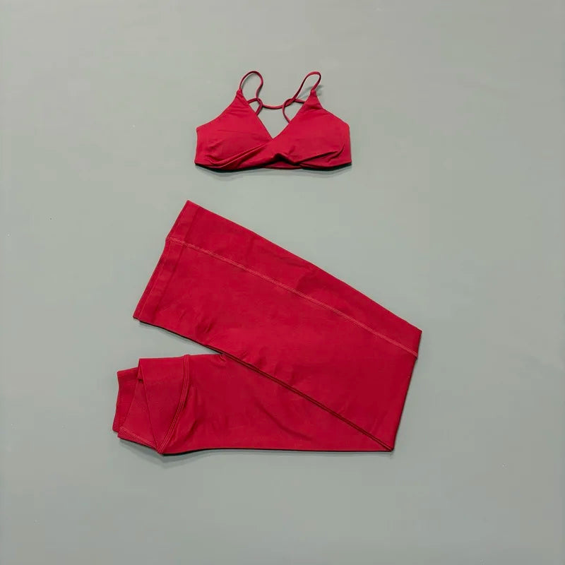 2Pcs Yoga Set Seamless Women Twist Front Sports Bra and Vision Flares Leggings Sets Scrunch Butt Cross Waist Gym Flare Pants Set