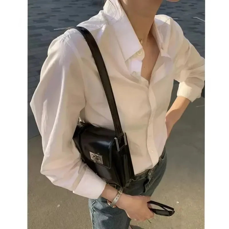 TT@-LUXURY White Shirt Women's 2025 Spring/Summer Outside Wear Loose Lazy Design Sense Niche Versatile Cotton Top Office Lady