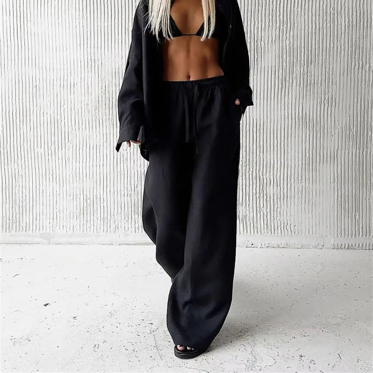 Wide Leg Pants Fashion Women Black Solid Loose Drawstring Baggy Pant 2026 New Spring Summer Casual Pocket High Waist Trousers