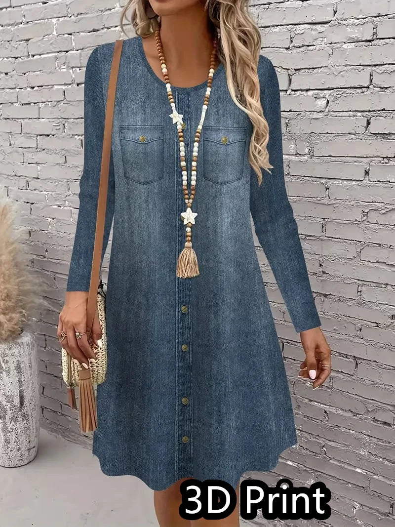 3D retro printed dress, women's autumn long sleeved round neck casual mini A-line dress Vestidos De Mujer