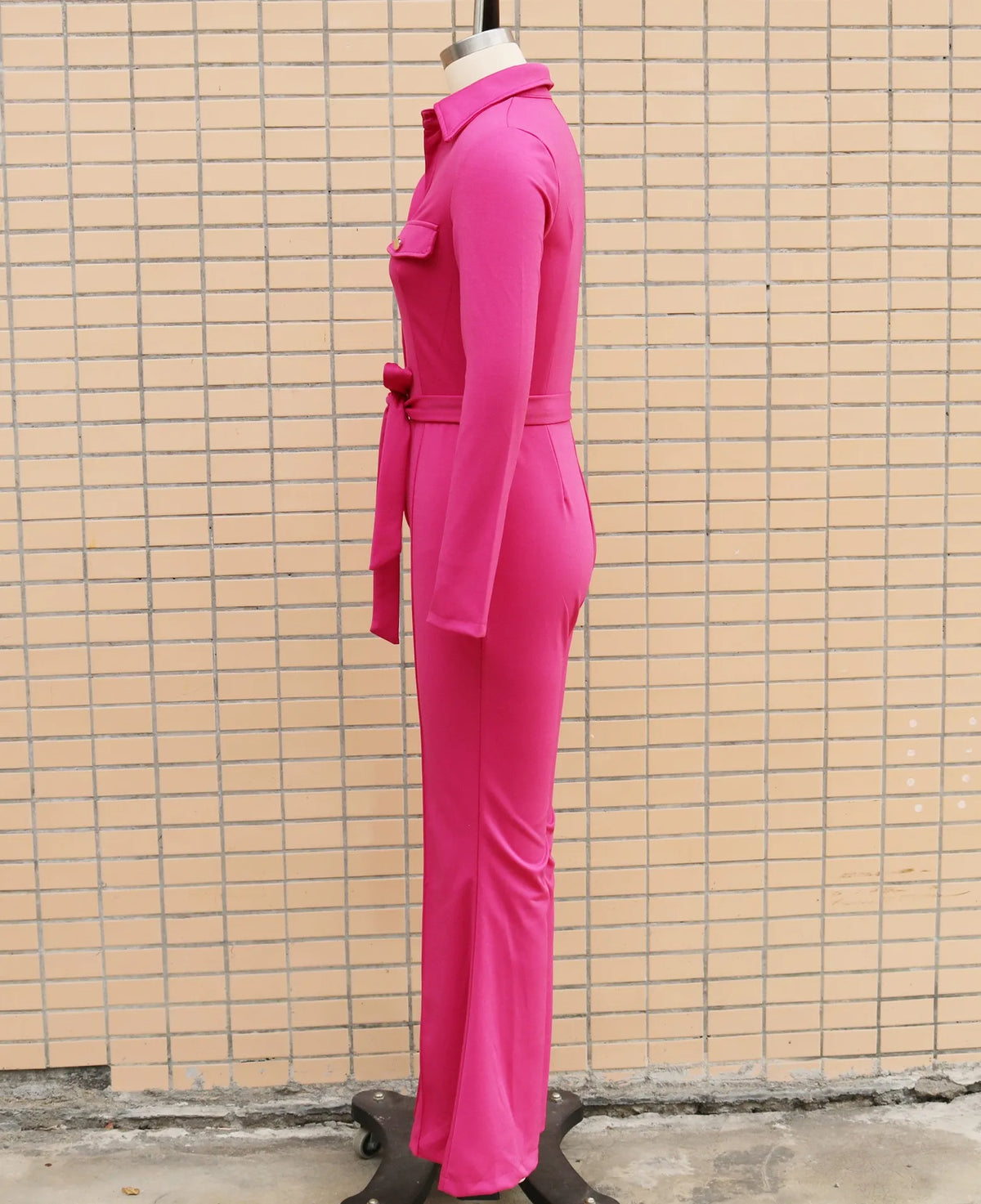 Knit Jumpsuit Button Front V Neck Romper High Waist Flared Long Jumpsuit Self Tie Belt Slim Fit Wide Leg Jumpsuit Solid Color