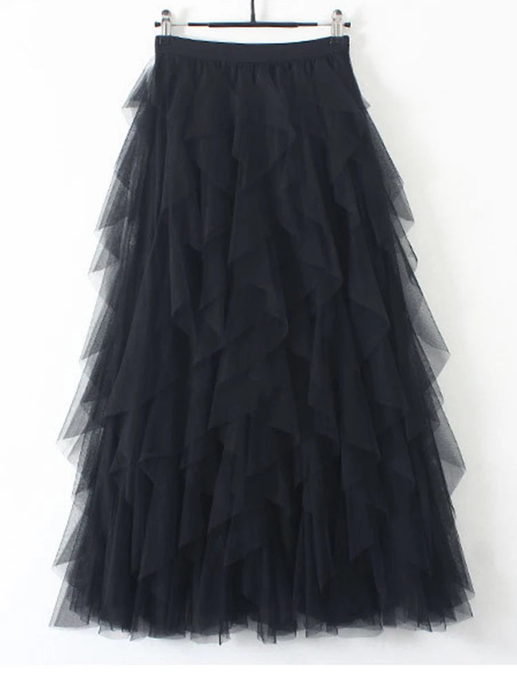 Tutu Tulle Long Maxi Skirt Women Fashion 2022 Korean Cute Pink High Waist Pleated Skirt Mesh Female Lady Aesthetic Faldas