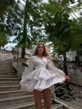 Floral Print Long Sleeve Women's Dress V Neck Puff Long Sleeve Wrap Waist Tiered Ruffle Mini Dresses Wedding Party Summer Robes
