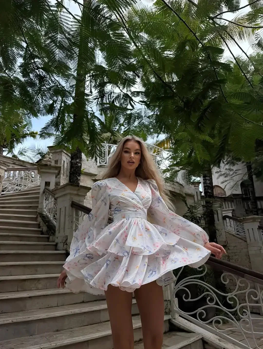 Floral Print Long Sleeve Women's Dress V Neck Puff Long Sleeve Wrap Waist Tiered Ruffle Mini Dresses Wedding Party Summer Robes