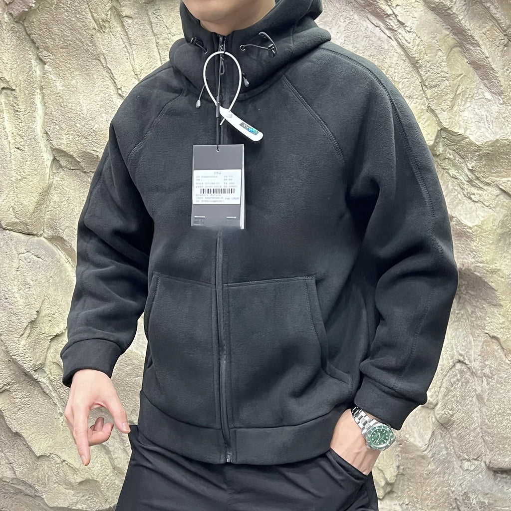 Heavyweight 620g Double-Sided Fleece Hoodie Jacket Quick Warmth Winter Men's Long Sleeve Zipper Closure Outdoor Style Polyester