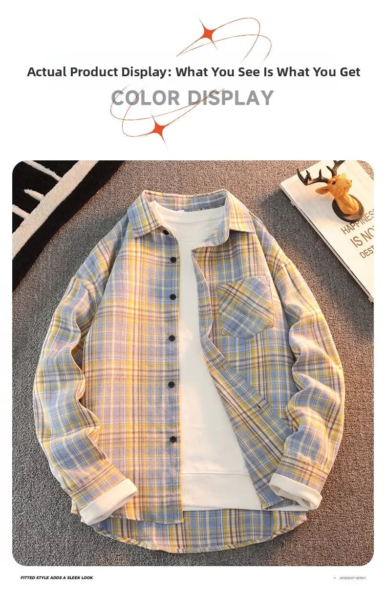 Retro Japanese Plaid Long Sve irt Men's Casual Loose Fit Spring Autumn Wear for Students And Couples Youth Faion
