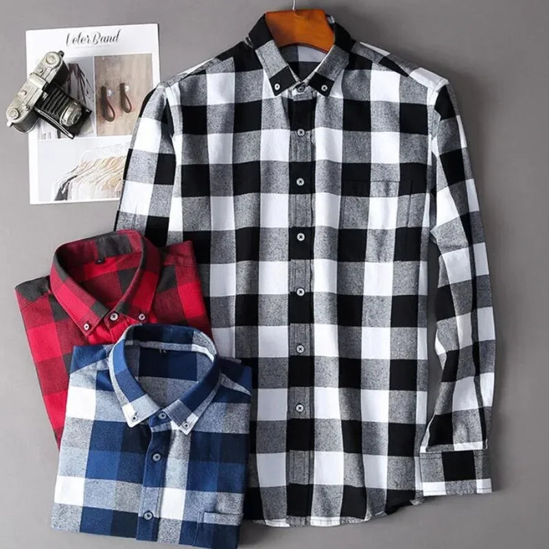 2026 100% Cotton New Male Casual Long Sleeve Warm Man Clothes Flannel Plaid Shirt Men Plus Size 3XL 4XL