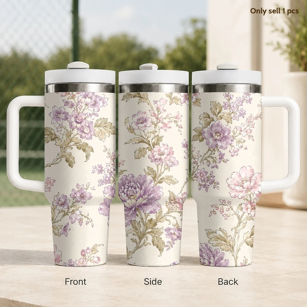 Floral Seamless Patterns Vacuum Flasks 40oz Stainless Steel Insulated Tumbler With Handle & Straw Leakproof Travel Mug
