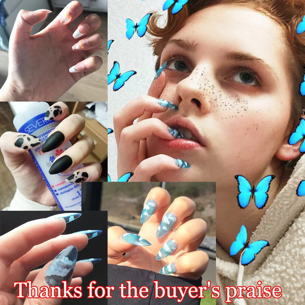 24Pcs/Set Blue Sky White Cloud Fake Nails Glue DIY Manicure Pattern Design False Nail French Stiletto Full Cover Nail Art Tools