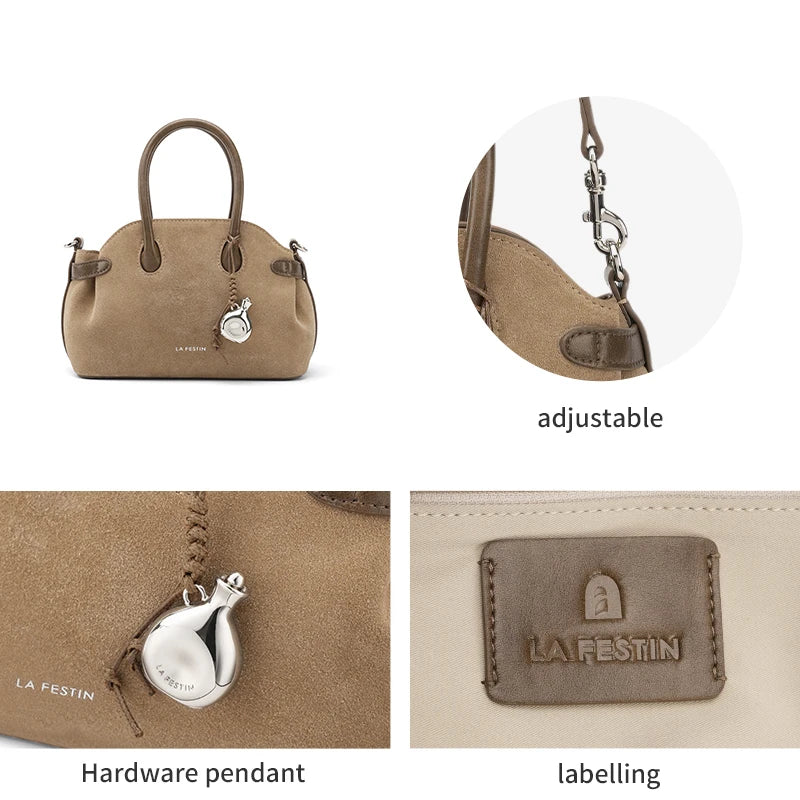 LA FESTIN Original Brand Women's Bag 2025 New Suede Bag Luxury Designer Handbag Boston Bag Shoulder Crossbody Bag Bowling Bag