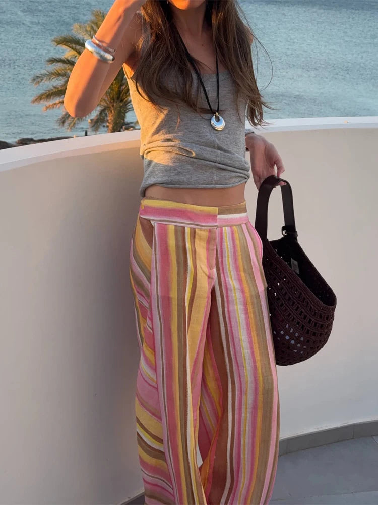 Women‘s Colorful Striped Pant New Summer Straight Multicolor Wide Leg Long Pants Casual Fashion Streetwear Female Outfit 2026