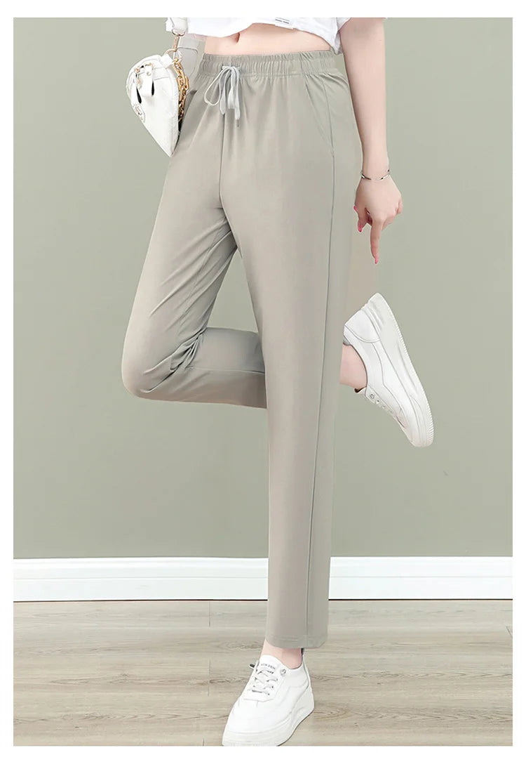 New Women'S Fashion Loose Summer Thin Ice Silk Pants Mom'S Casual High Waist Comfortable Versatile Sports 9-Point Trousers