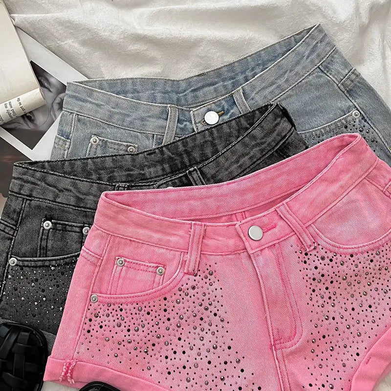 Retro Fashion Rhinestone Denim Shorts Women Pink Summer New A-Line Wide Leg Jeans Ultra Short For Hot Girls Bottoms