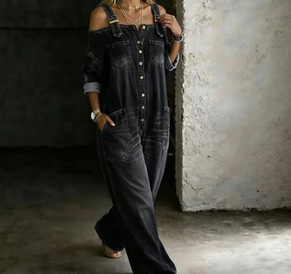 Sexy Off Shoulder Denim Overall Jumpsuit Pockets Wide Leg Playsuit