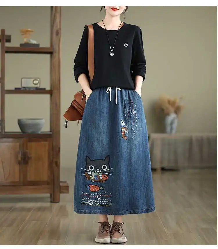 2026 Women's Denim Skirts Retro Cartoon Animal Embroidery Casual Half Skirts Spring Summer High Waist Fashion Loose Midi Skirts