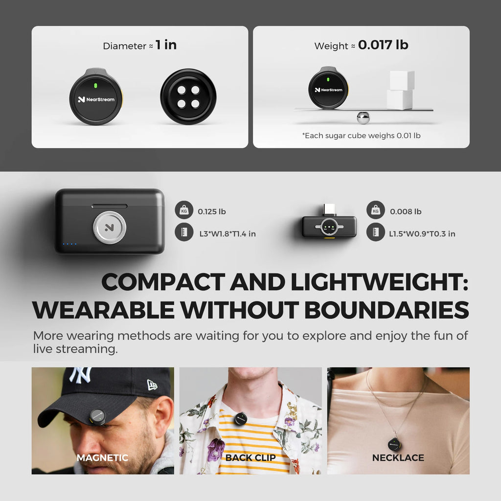 NearStream AWM25T Magnetic Wireless Lavalier Microphone, 1‑to‑2 Dual‑Mic, ENC Noise Cancelling, Low Latency 65Ft, 24H Battery Charging Case, Plug‑Play Lapel Mic for iPhone Android Laptop PC