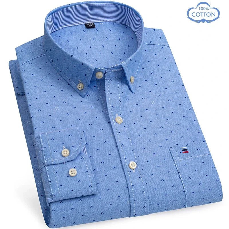2025 Men's Social Shirt Pure Cotton Oxford Luxury Brand Thin Soft Buttoned Plaid Formal Work Western Clothing