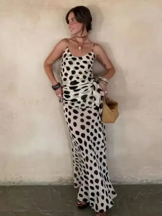 Trendy Slip Polka Dot Maxi Dress V-neck Ruched Drawstring Sexy Maxi Women Dresses Beach Vacation Stylish Retro Summer Party Robe