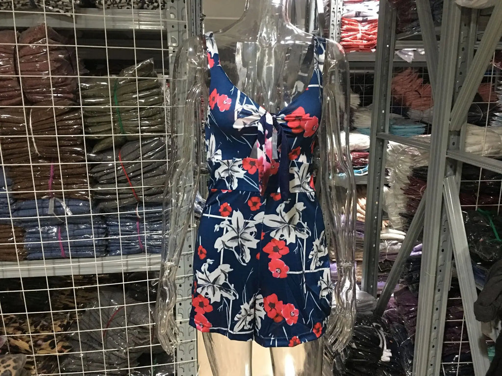 Sexy Spaghetti Strap Flower Print Jumpsuit Women Fashion Bowknot Leace-up Backless Slim Short Jumpsuits Female Trendy Streetwear